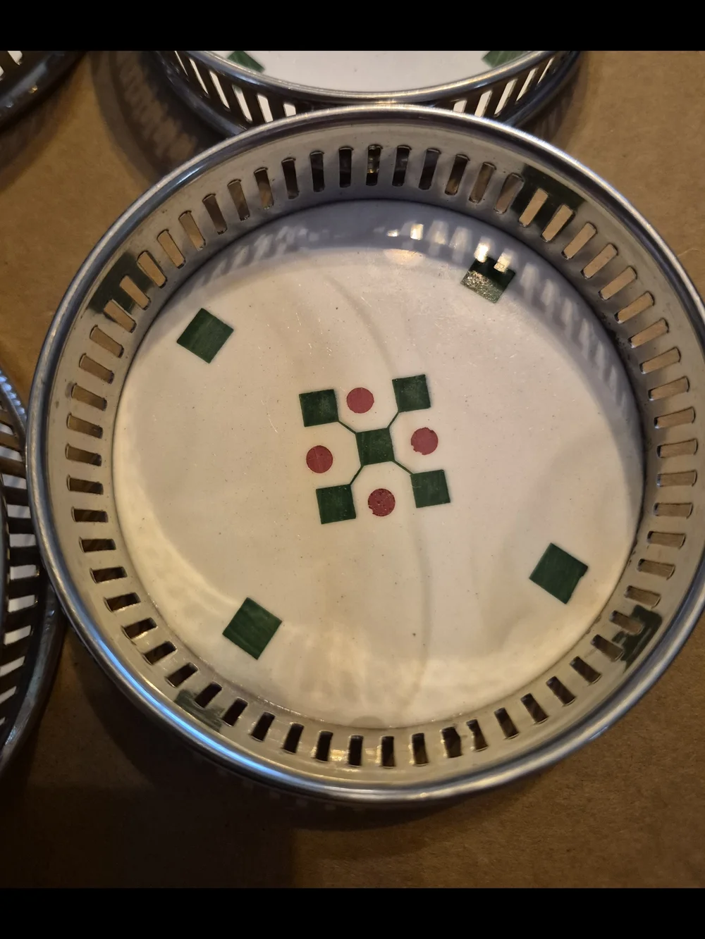 White Ceramic Coasters with Green and Red Inlay (Set of 6) From Silvers Brooklyn